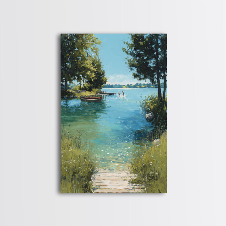 Peaceful Summer Lake Scene With Canoe And Children Splashing Wall Art Serene Landscape Framed Canvas Print Nature Decor