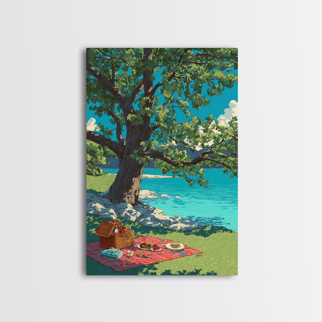 Peaceful Picnic Beside Lake With Oak Tree And Bright Blue Water Canvas Print Modern Wall Art For Living Room