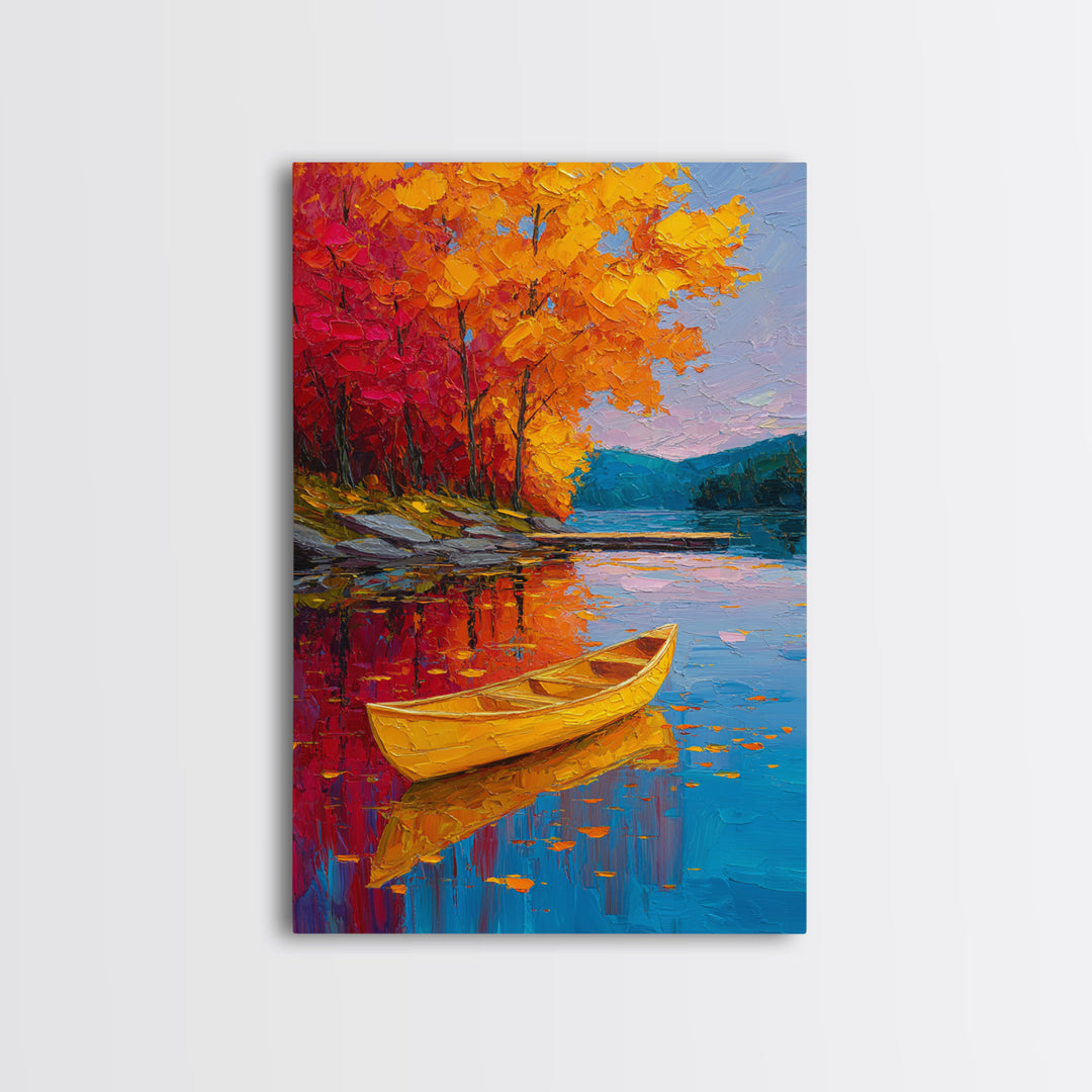 Vibrant Autumn Lake Scene With Yellow Canoe And Colorful Trees Wall Art Framed Canvas Print Fall Landscape Home Decor