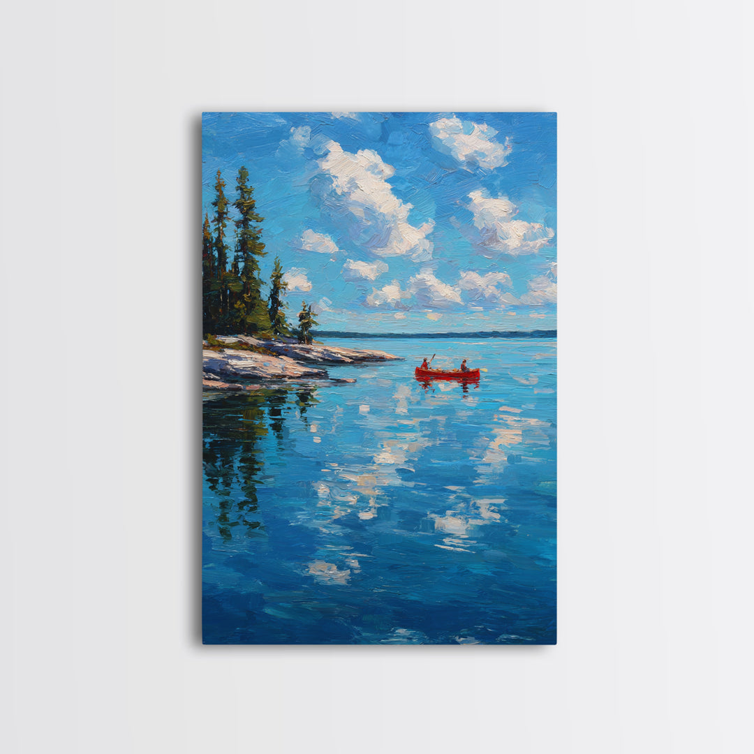 Pristine Lake Scene With Canoe And Pine Trees Under Blue Sky Captured In Classic Impasto Oil Painting