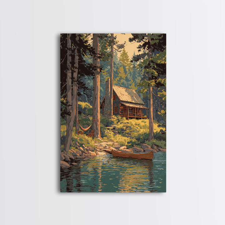 Cozy Log Cabin In Forest Landscape Painting Wall Art Boho Rustic Canvas Print For Cabin And Farmhouse Home Decor