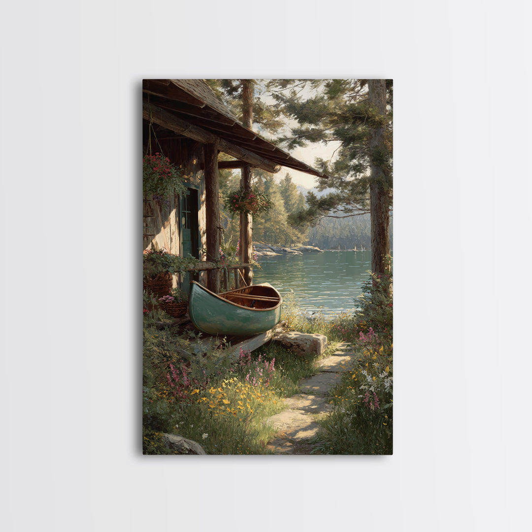 Peaceful Lakeside Cabin With Canoe Surrounded By Wildflowers Wall Art Framed Canvas Print For Rustic Home Decor