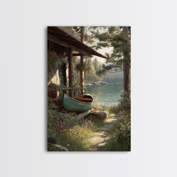 Peaceful Lakeside Cabin With Canoe Surrounded By Wildflowers Wall Art Framed Canvas Print For Rustic Home Decor