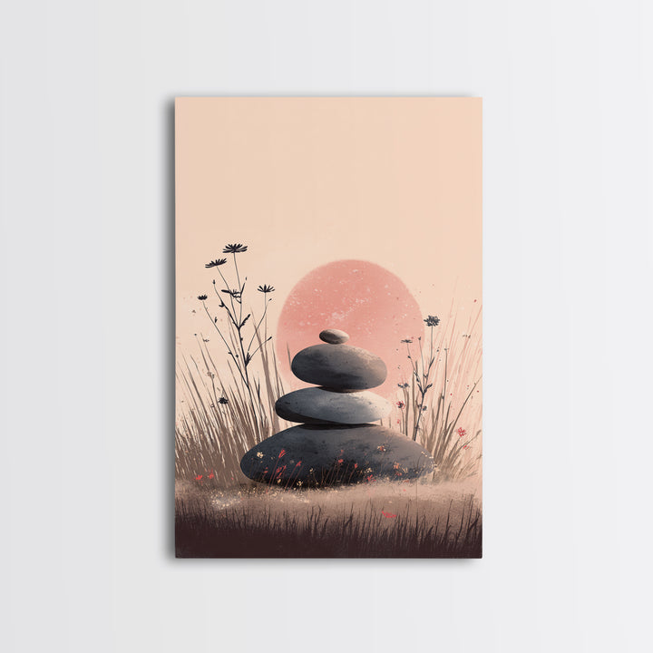 Stacked Zen Stones In Blush Grass Framed Canvas Print, Meditation Wall Art, Spa Wall Decor, Calming Minimalist Art, Peaceful Home Decor