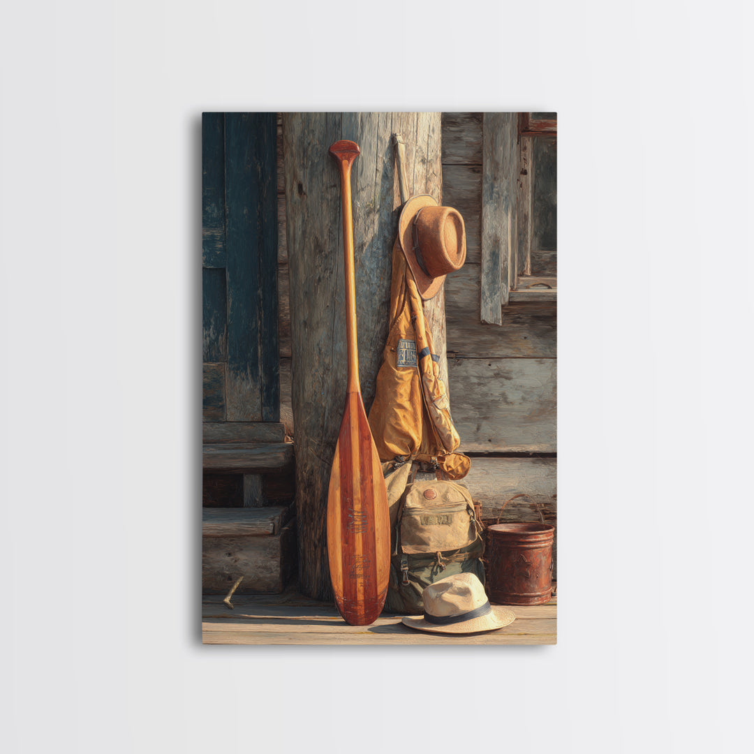 Rustic Outdoorsy Still Life With Wood Paddle, Hiking Gear, And Hats Vintage Style Canvas Print For Cabin