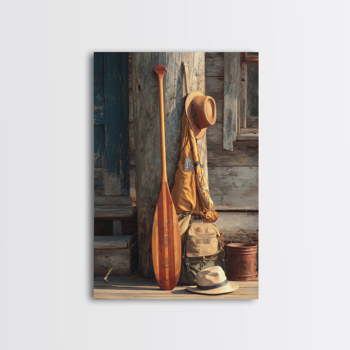 Rustic Outdoorsy Still Life With Wood Paddle, Hiking Gear, And Hats Vintage Style Canvas Print For Cabin