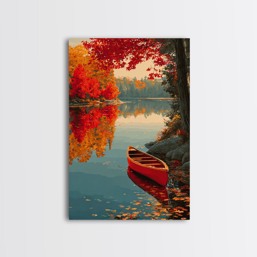 Red Autumn Maple Trees By Calm Lake With Canoe Scenic Painting Wall Art Framed Canvas Print For Home