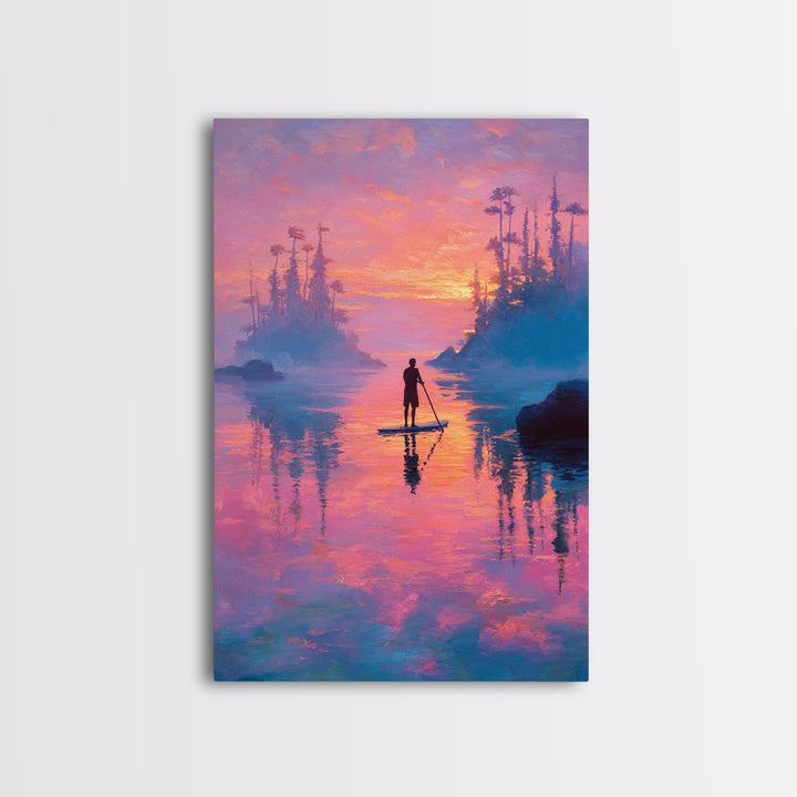 Sunset Paddleboarder On Calm Water Pink And Purple Sky Landscape Wall Art Canvas Print For Tranquil Bedroom And Living Room