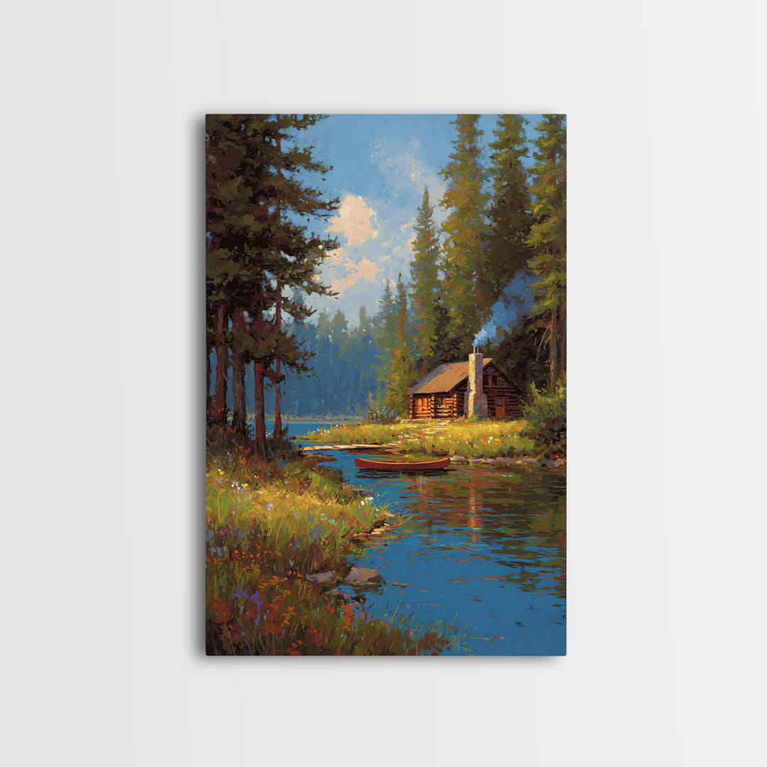 Cozy Cabin By Peaceful River Landscape Painting Canvas Print Natural Wall Art Decor Framed Canvas Print