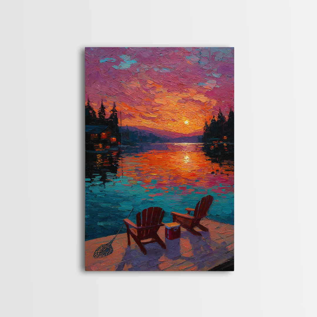 Vibrant Oil Painting Sunset Over Water With Adirondack Chairs And Cooler - Canvas Print For Cozy Wall Art And Relaxing Outdoor Home Decor
