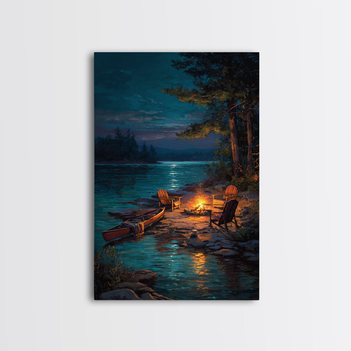 Peaceful Lakeside Campfire Scene Painting Wall Art Featuring Canoe And Adirondack Chairs Perfect For Cozy Living Room Decor