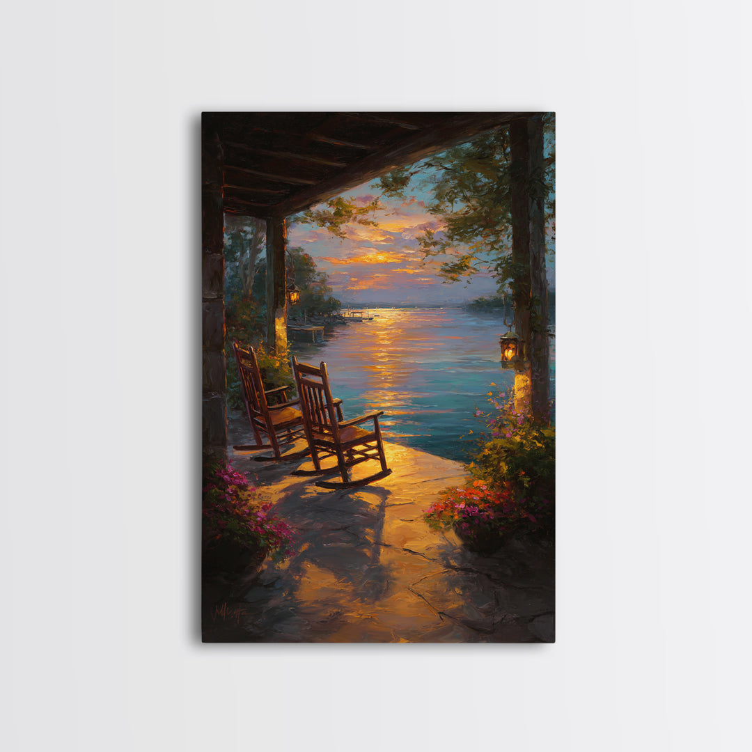 Peaceful Lakeside Porch Sunset With Rocking Chairs Oil Painting Wall Art Framed Canvas Print For Cozy Home Decor