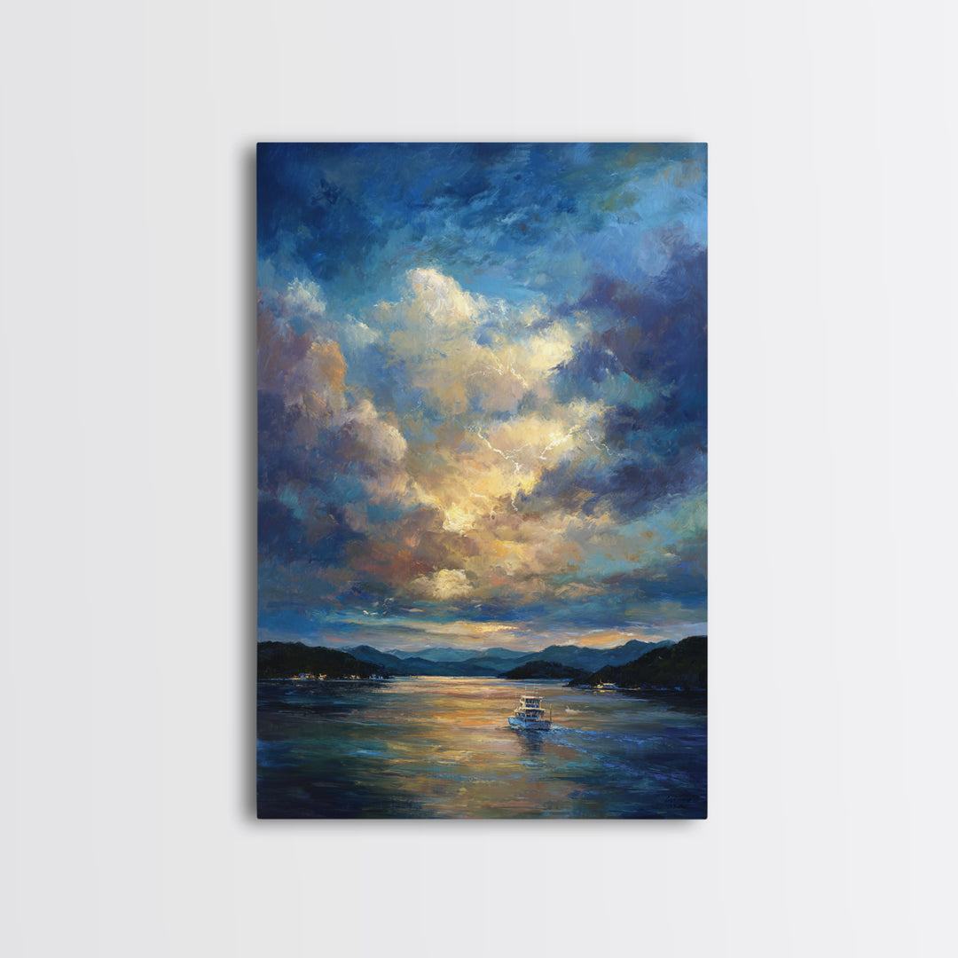 Sunlit Fishing Boat On Tranquil Lake Surrounded By Mountains Sunset Landscape Painting Wall Art Canvas Print