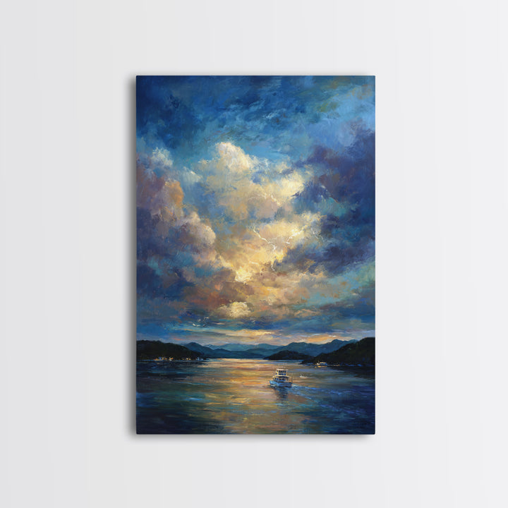 Sunlit Fishing Boat On Tranquil Lake Surrounded By Mountains Sunset Landscape Painting Wall Art Canvas Print