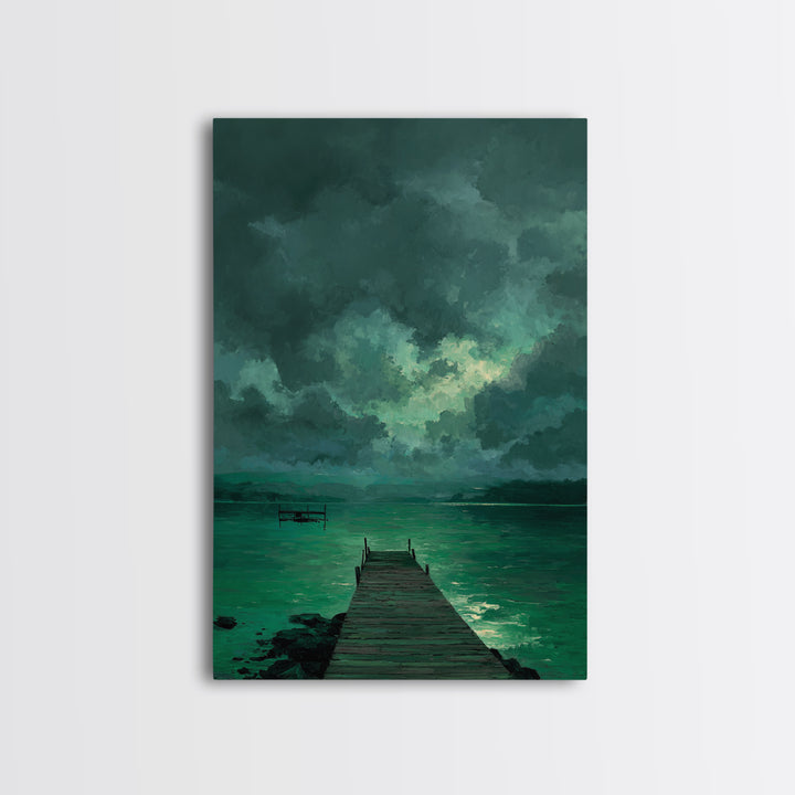 Moody Dock On Lake Under Stormy Sky Green Tones Abstract Wall Art Canvas Print Home Decor