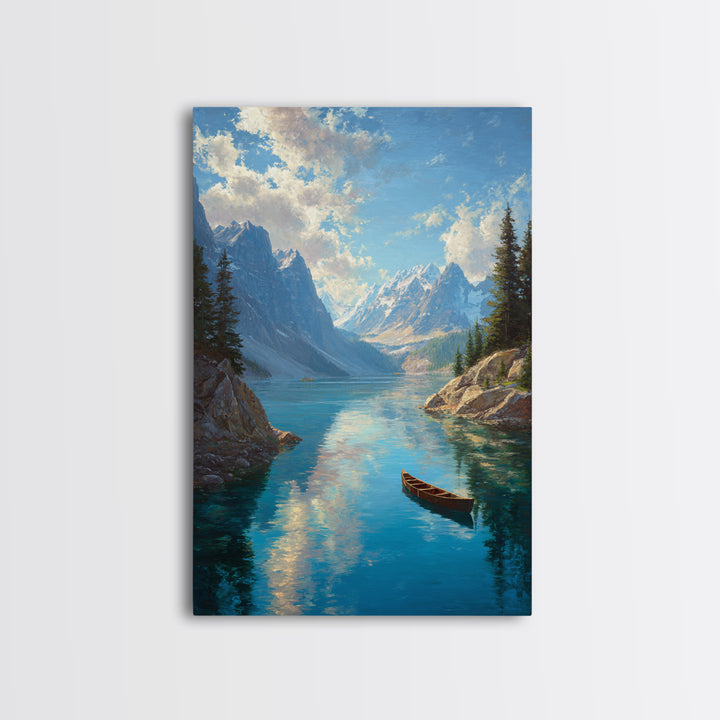 Majestic Mountain Lake Landscape Painting With Canoe In Foreground Vibrant And Serene Nature Scene Wall Art Print For Rustic Living Room Decor Canvas Print