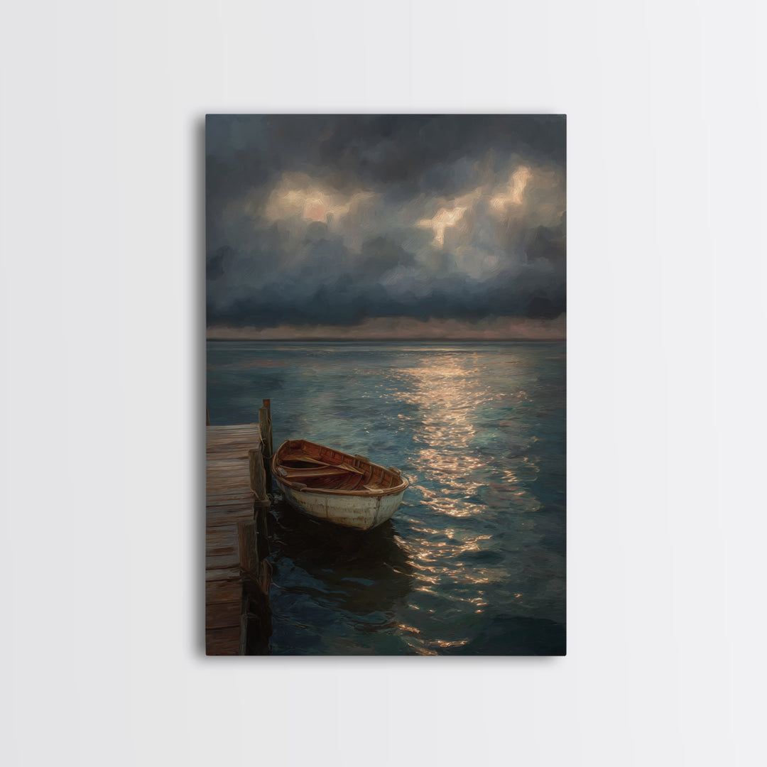 Serene Boat At Dock Under Dramatic Cloudy Sky Sunset Seascape Canvas Print For Coastal Living Room Decor Wall Art