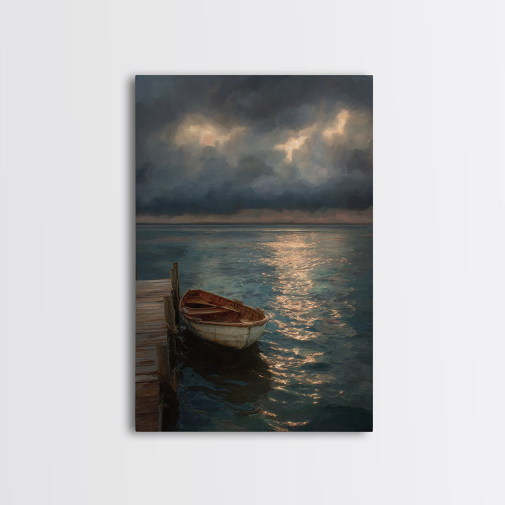 Serene Boat At Dock Under Dramatic Cloudy Sky Sunset Seascape Canvas Print For Coastal Living Room Decor Wall Art
