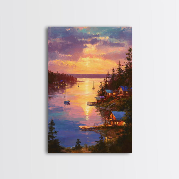 Sunset Lake House Fine Art Oil Painting Wall Art Framed Canvas Print Cozy Landscape Home Decor For Living Room