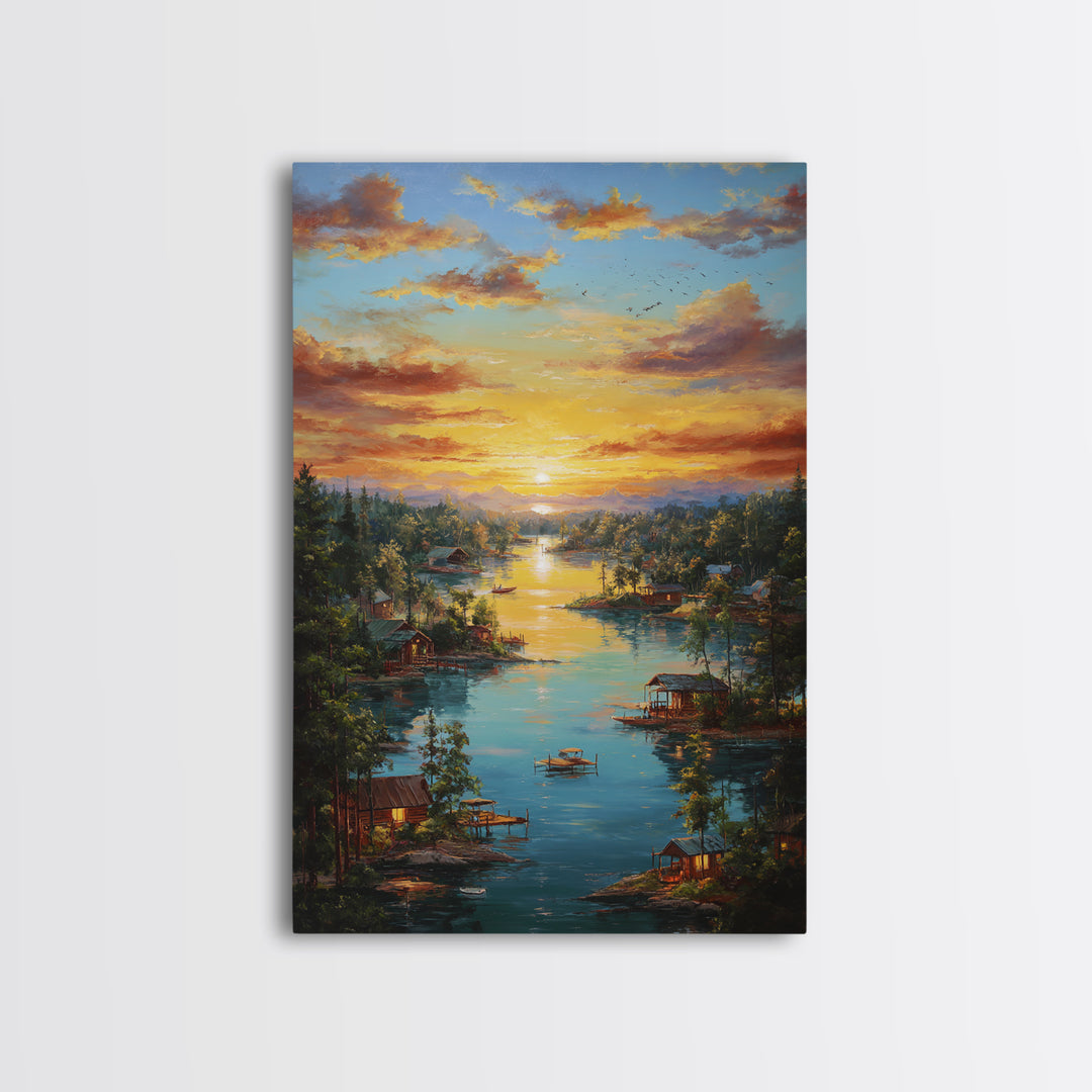 Peaceful Lakeside Village At Sunset Landscape Painting Framed Canvas Print Tranquil Wall Art For Rustic And Cozy Home Decor