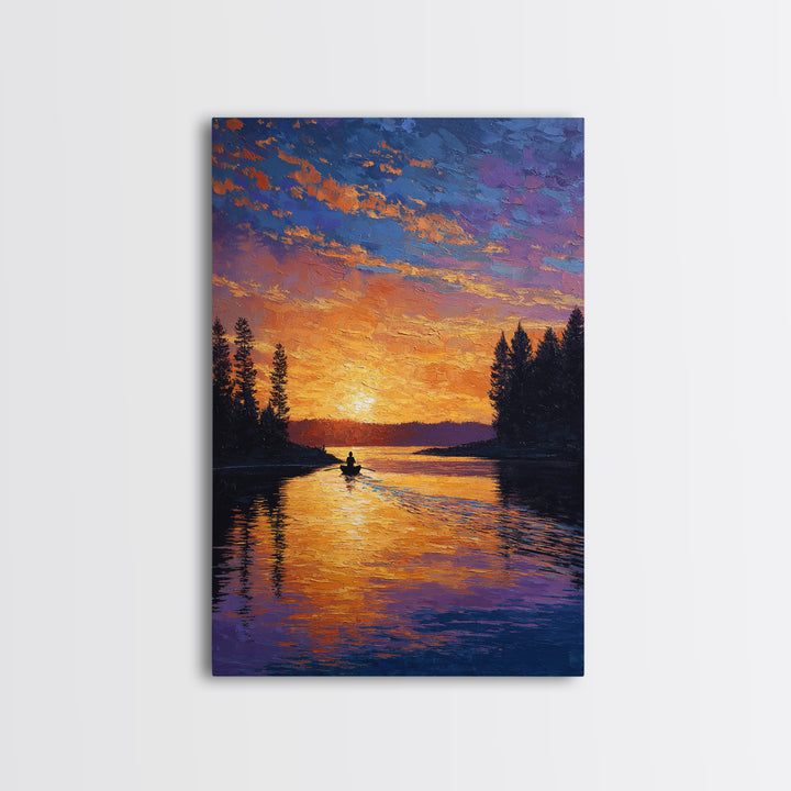 Vibrant Sunset Over Peaceful Lake With Lone Boatman Silhouette Wall Art Framed Canvas Print For Living Room Decor