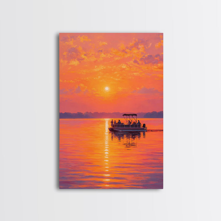 Sunset Boat On Calm Water Painting With Vibrant Orange Hues Capturing Peaceful Twilight Scene Large Wall Art Canvas Print For Living Room Decor And Gift
