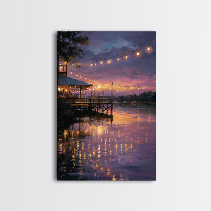 Sunset Pier Scene With Soft Glow And String Lights Romantic Evening Canvas Print Wall Art For Dining Room Living Room And Home Decor