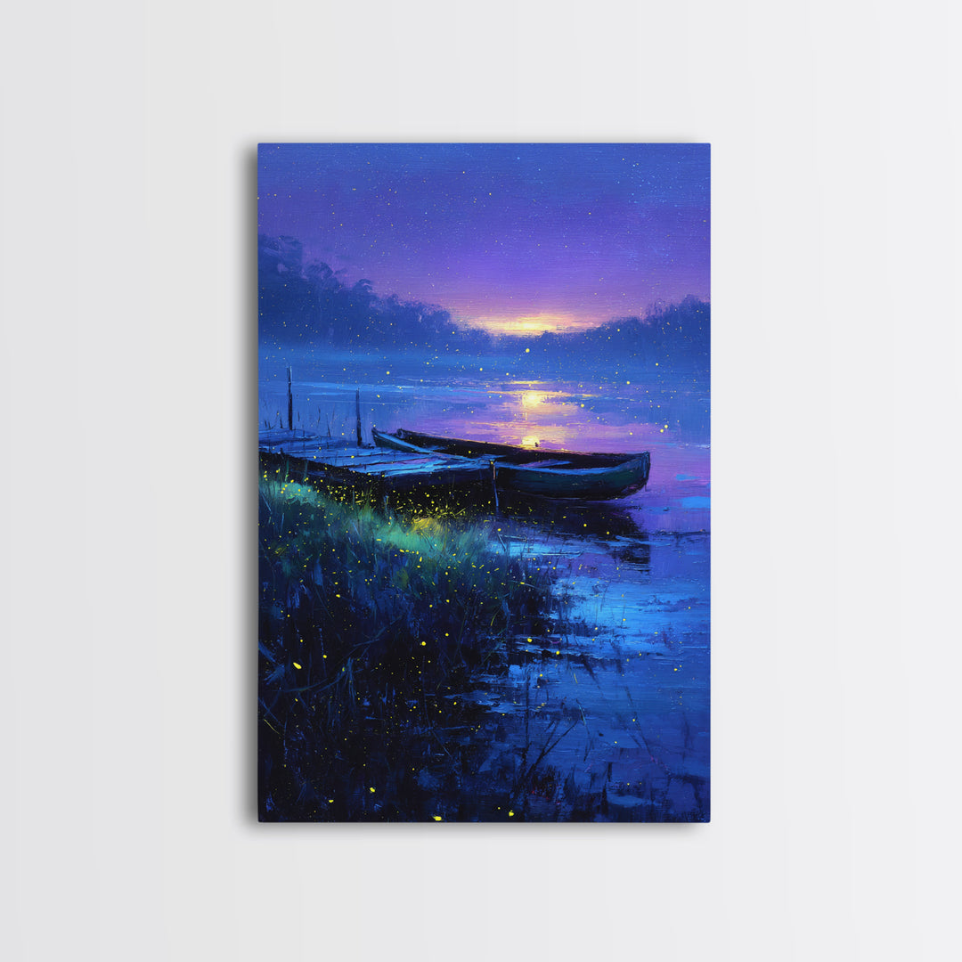 Serene Twilight Lake With Boats Painting Canvas Print Wall Art For Relaxing Home Decor Or Office Space Accent