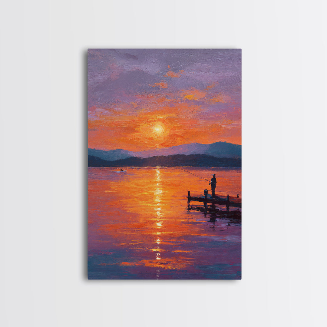 Peaceful Sunset Fishing Oil Painting Wall Art Framed Canvas Print For Living Room Decor And Rustic Home