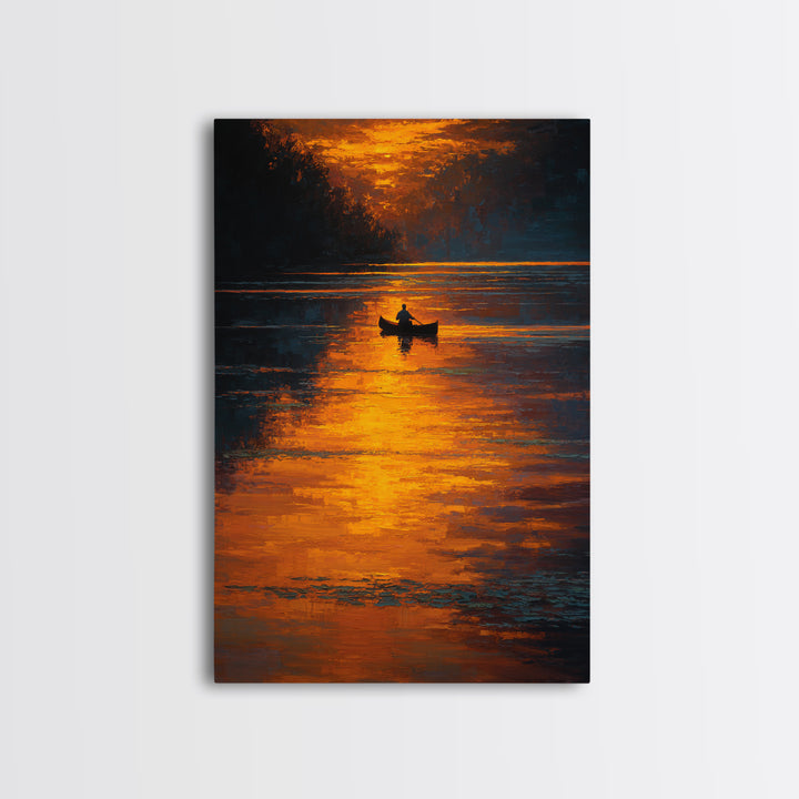 Serene Sunset Landscape With Boat On Calm Lake Oil Painting Canvas Print For Cozy Living Room Decor And Nature Wall Art