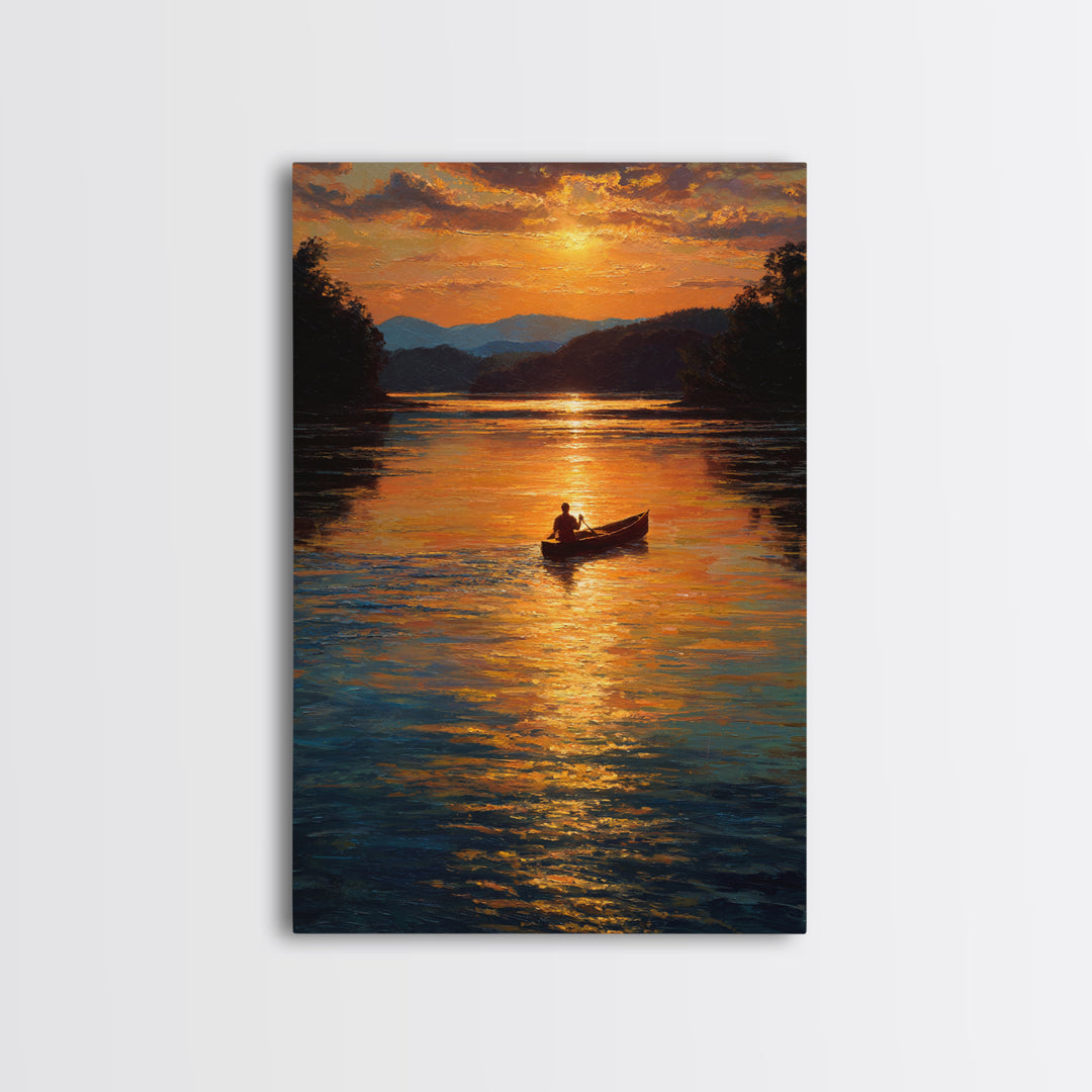 Tranquil Sunset Canoe Scene Oil Painting Wall Art Framed Canvas Print For Living Room Home Decor