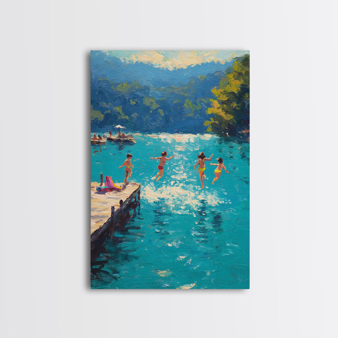 Children Jumping Into A Lake Summer Scene Painting Fine Art Canvas Print Relaxing Wall Art Decor