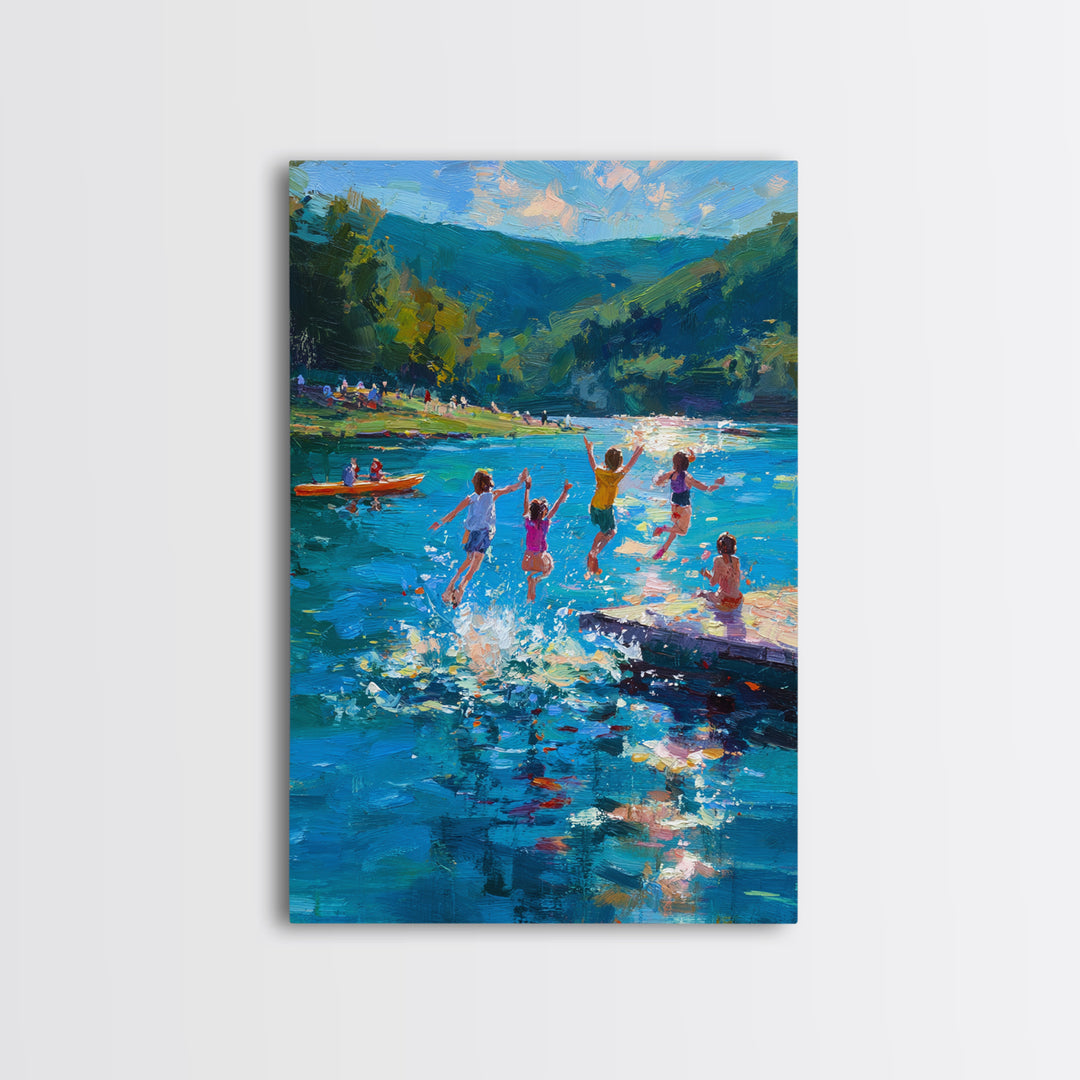 Children Playing At Summer Lake Scene Joyful Landscape Painting Large Wall Art Canvas Print