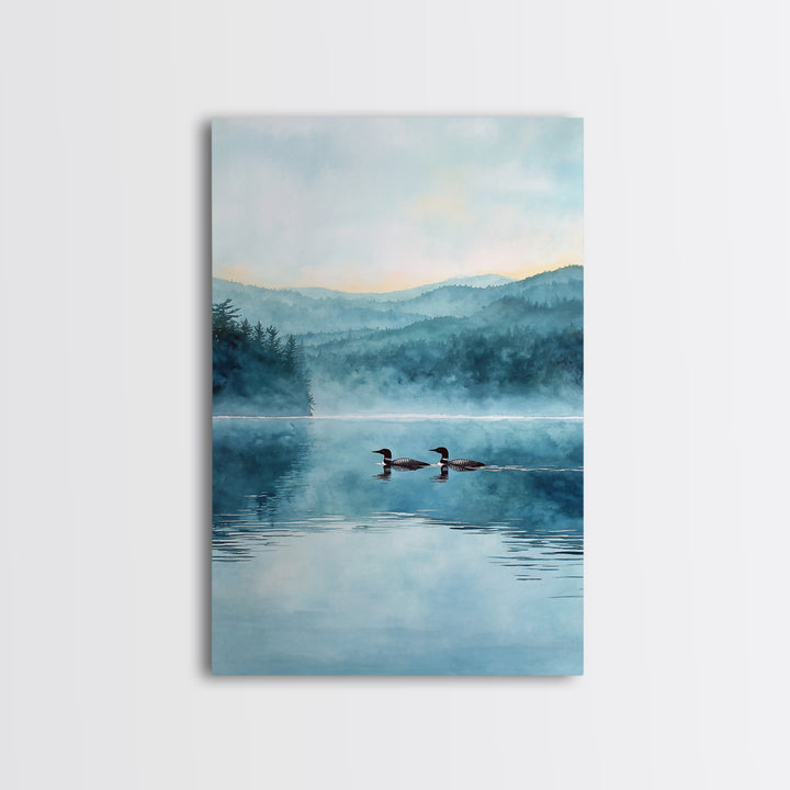 Serene Lake With Two Loons At Dawn Landscape Wall Art Misty Forest Canvas Print For Nature Lovers Home Decor