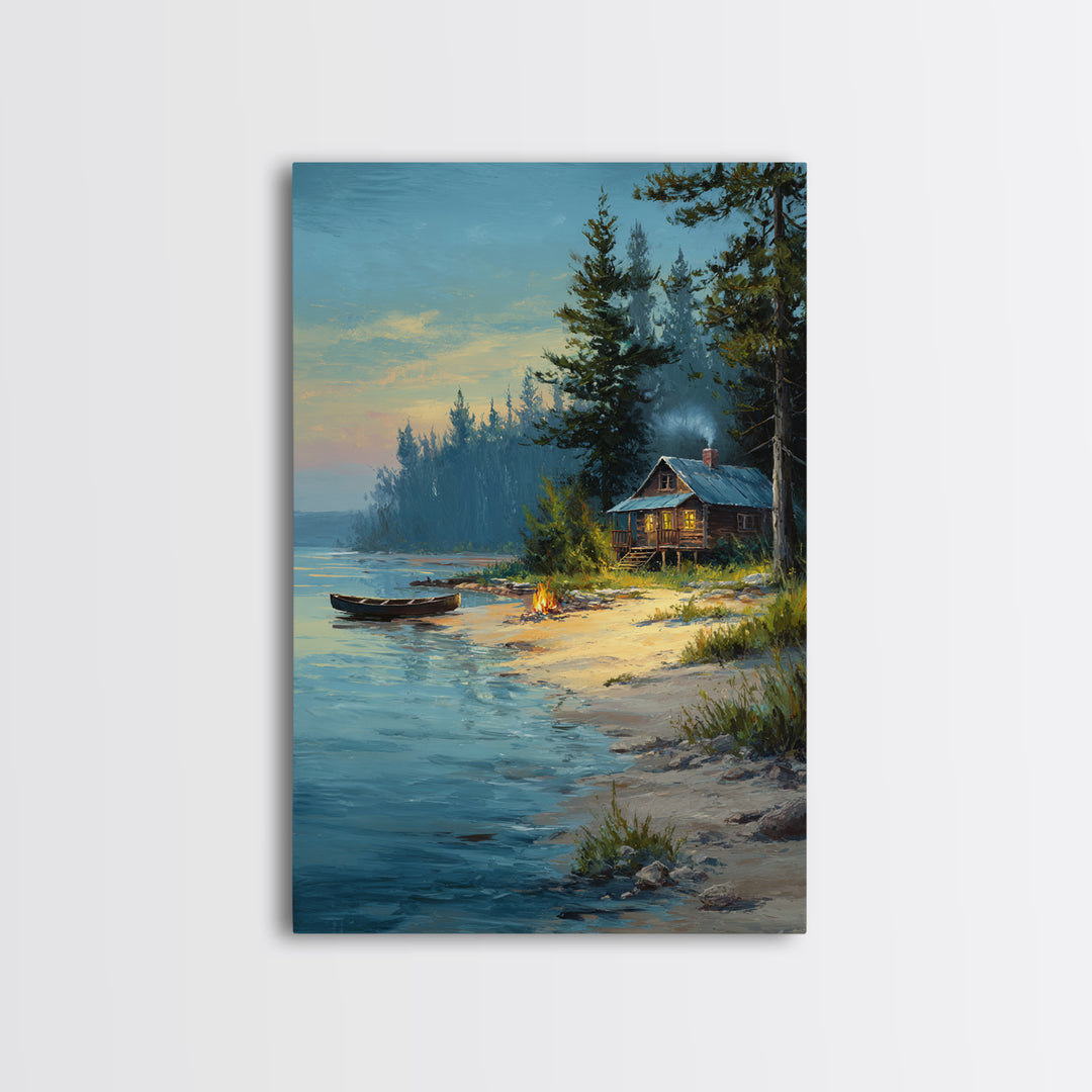 Peaceful Lakeside Cabin Painting At Dusk With Campfire And Canoe Scenic Landscape Art Print For Rustic Home Decor Bedroom Wall Art Framed Canvas Print