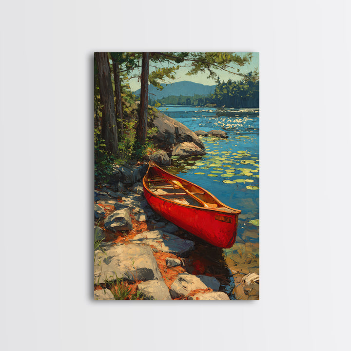 Vibrant Red Canoe On Lush Lakeside Nature Landscape Oil Painting Canvas Print For Cabin Decor And Rustic Wall Art