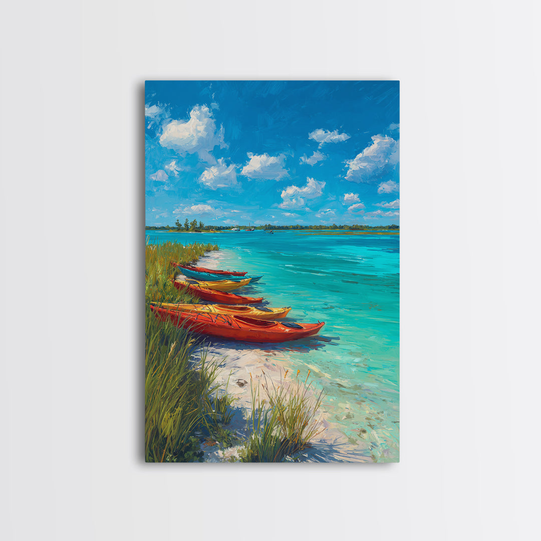 Bright Kayaks By Turquoise Water Under Blue Sky Canvas Print Large Coastal Wall Art For Living Room Decor