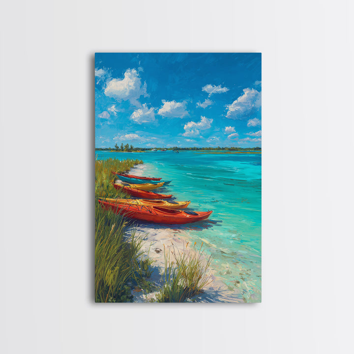 Bright Kayaks By Turquoise Water Under Blue Sky Canvas Print Large Coastal Wall Art For Living Room Decor