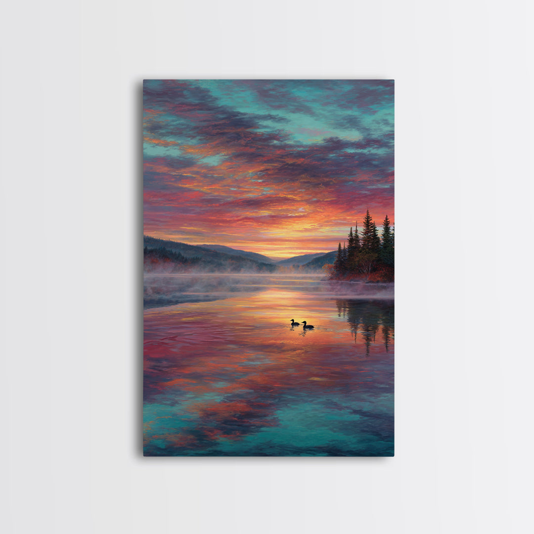 Serene Misty Mountain Sunset Landscape With Ducks On Lake Fine Art Canvas Print For Living Room Wall Decor