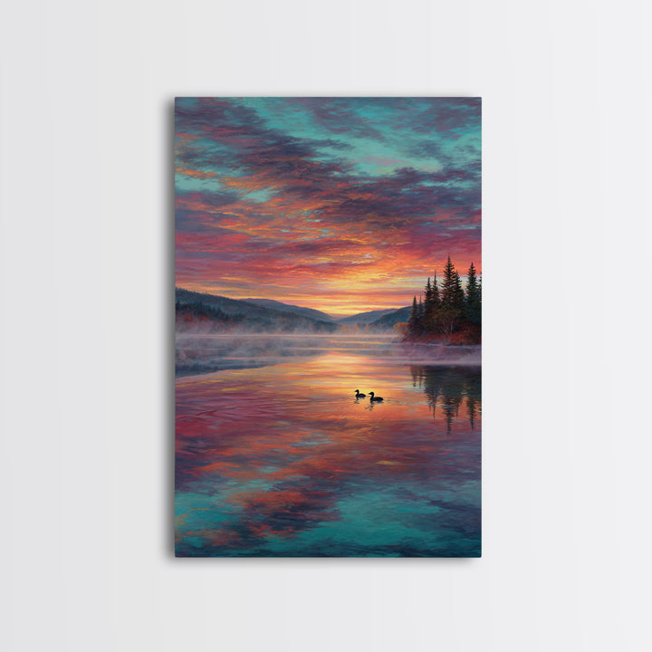 Serene Misty Mountain Sunset Landscape With Ducks On Lake Fine Art Canvas Print For Living Room Wall Decor