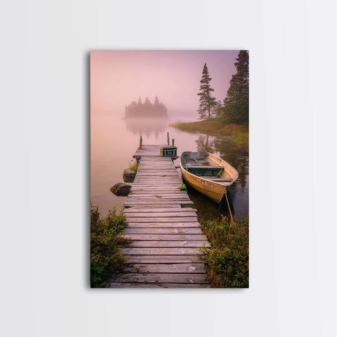 Peaceful Foggy Lake Morning With Wooden Dock Wall Art Canvas Print For Rustic Cabin And Home Decor