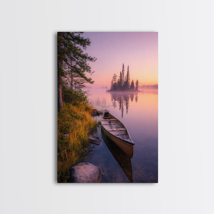Tranquil Misty Lake With Canoe At Sunrise Scenic Landscape Painting For Calming Bedroom Wall Decor And Peaceful Home Decor Framed Canvas Print Wall Art