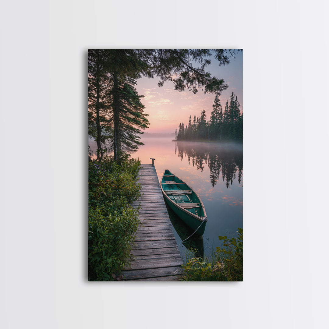 Serene Lake Dock With Canoe Landscape Wall Art Nature Photography Calm Framed Canvas Print