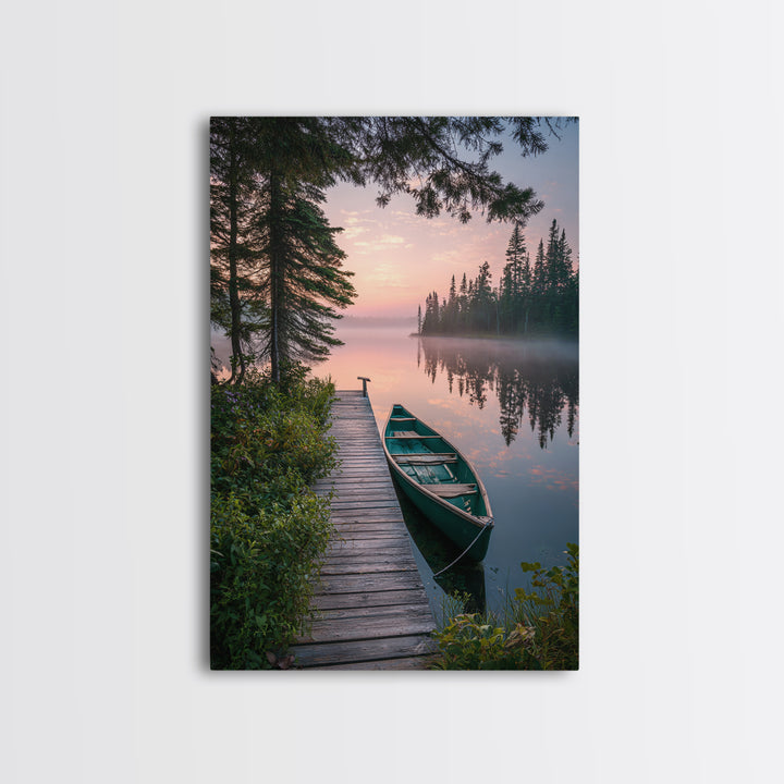 Serene Lake Dock With Canoe Landscape Wall Art Nature Photography Calm Framed Canvas Print