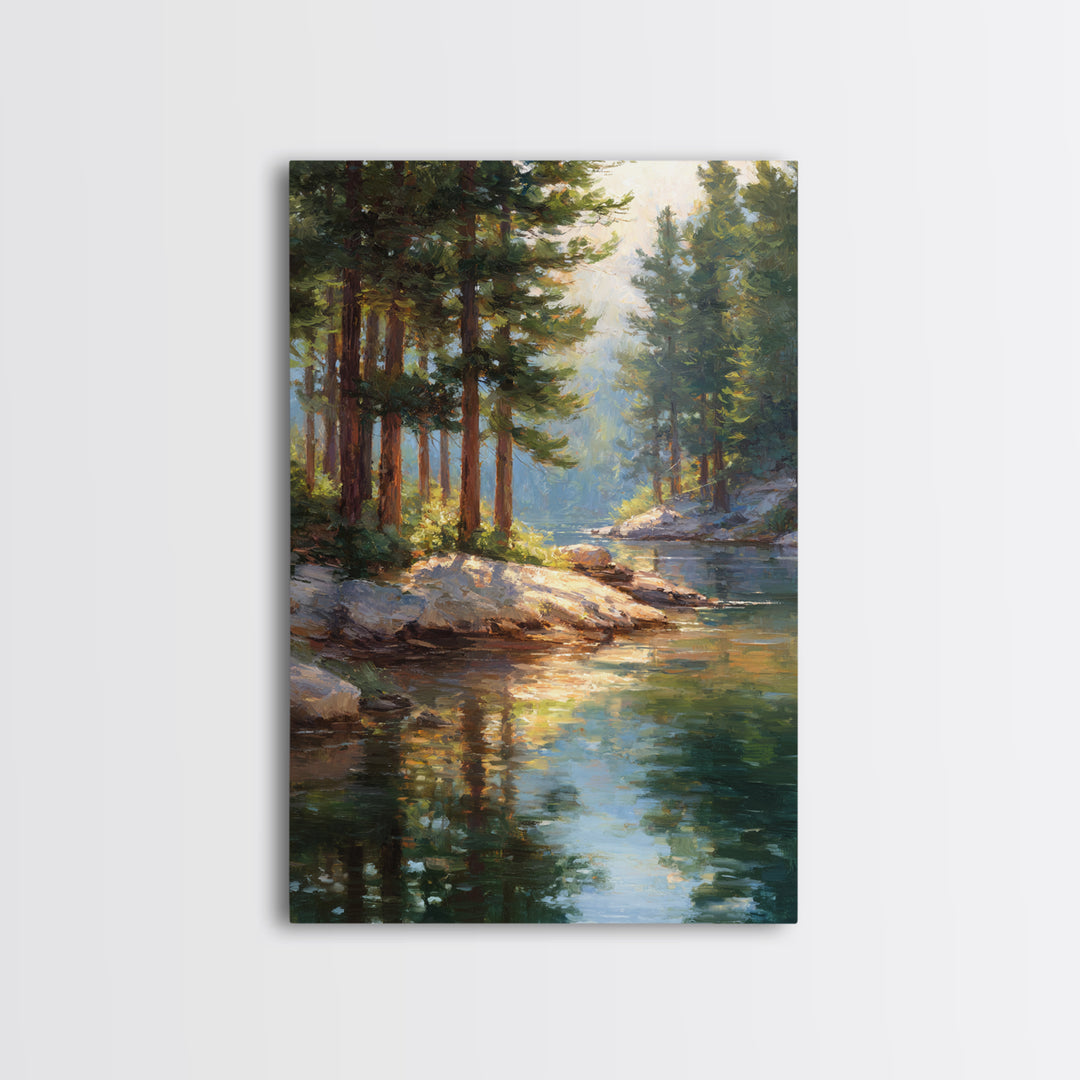 Serene Pine Forest Landscape With River Reflection In Oil Painting Medium Perfect Wall Art Canvas Print