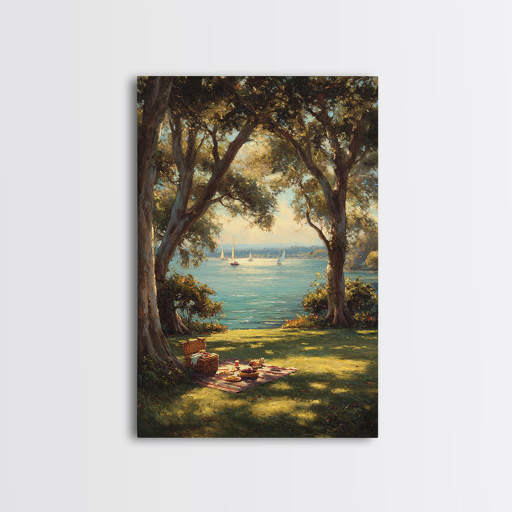 Peaceful Lakeside Picnic Painted Landscape Oil Painting Art Print Framed Canvas Print For Rustic Home Decor And Cabin Wall Art