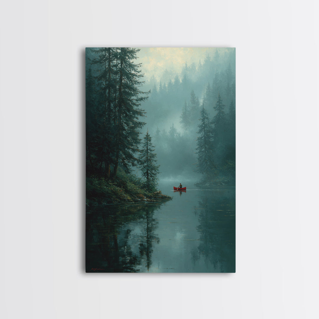 Serene Sunset Over Misty Lake Cabin With Orange Sky Wall Art Framed Canvas Print For Cozy Rustic Home And Bedroom Decor