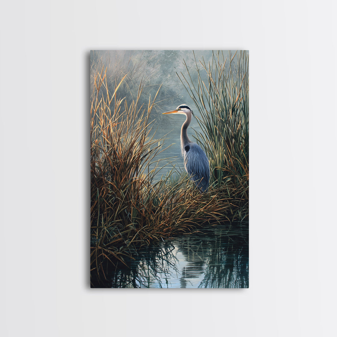 Realistic Blue Heron In Marshland Nature Scene Wall Art Fine Art Print Coastal Wall Decor Framed Canvas Print