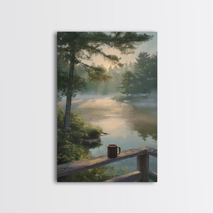 Peaceful Morning River Scene With Coffee Cup Landscape Wall Art Serene Nature Canvas Print For Cozy Home And Bedroom Decor