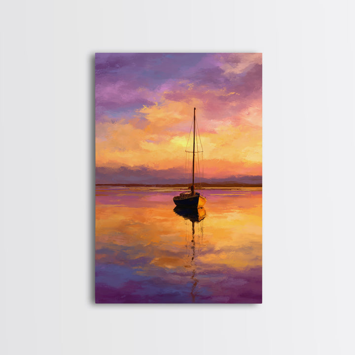 Colorful Sailboat At Sunset Over Calm Water Ocean Scene Painting | Tranquil Wall Art Modern Home Decor Framed Canvas Print